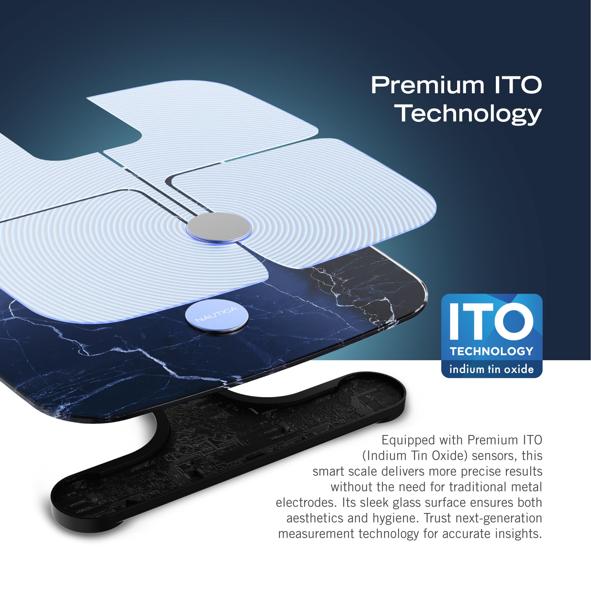NAUTICA Smart Scale Plus ITO Technology, bilancia per grasso corporeo con display digitale a LED, analizzatore di tutto il corpo, tracker digitale, Bluetooth Wi-Fi