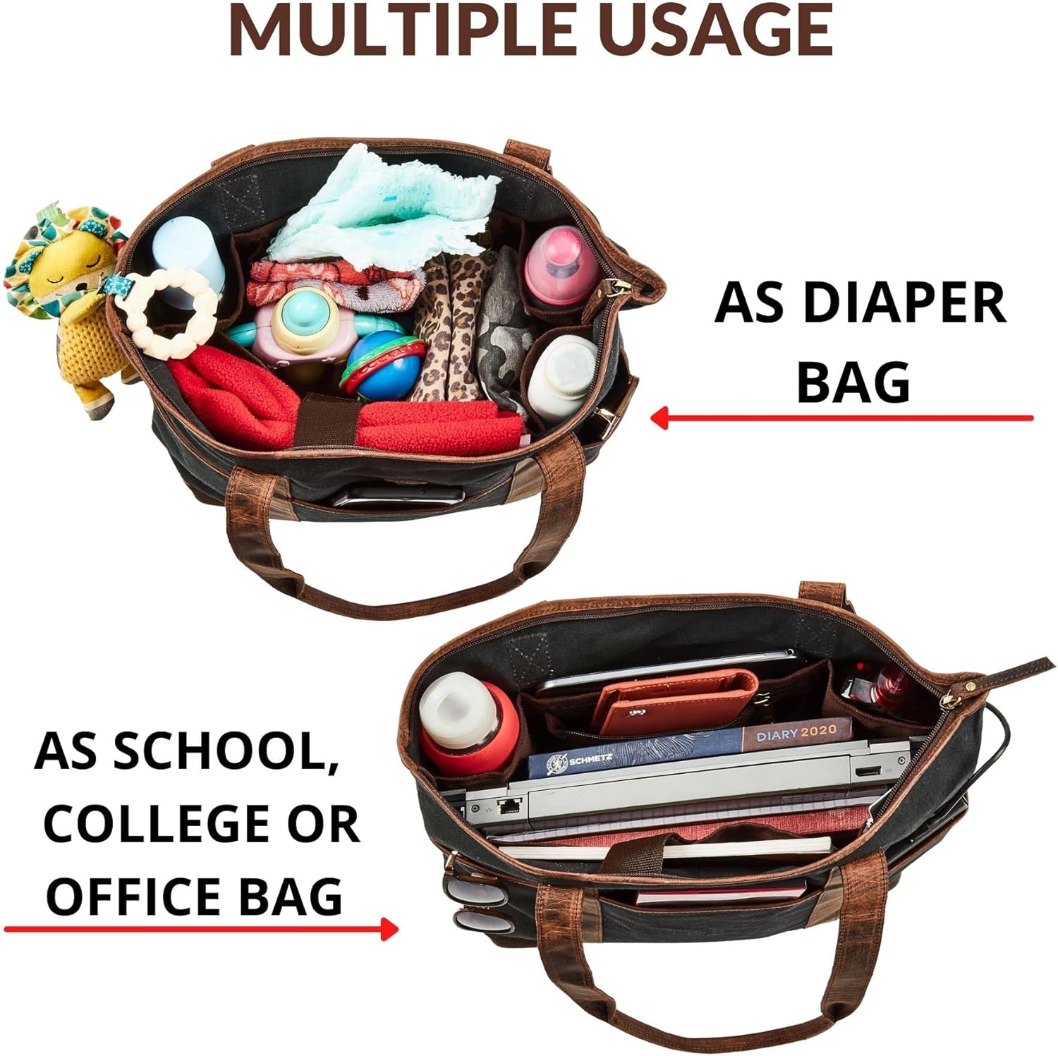 Tote Bag for Women Real Leather Shoulder Handbag Organizer Water Repellent Waxed Canvas - Image 5