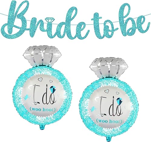 KatchOn, Cartel de novia con purpurina azul con globos de anillo de diamantes azules y plateados, paquete de 3, pancarta de novia verde azulado