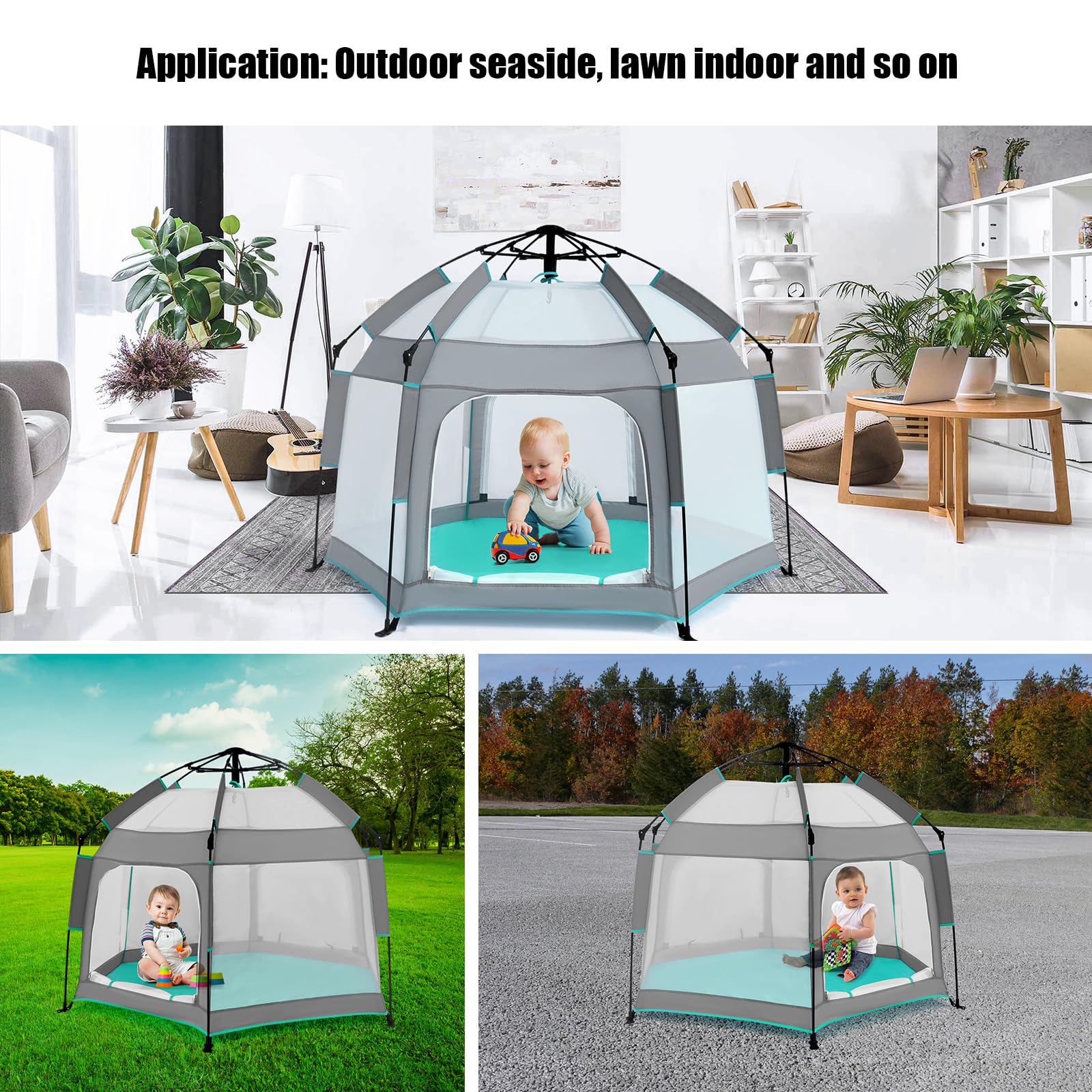 Corralito para bebés con toldo, tienda portátil de playa para bebés, patio de juegos para niños pequeños en interiores y exteriores, mosquitera plegable para bebés - Gris 6