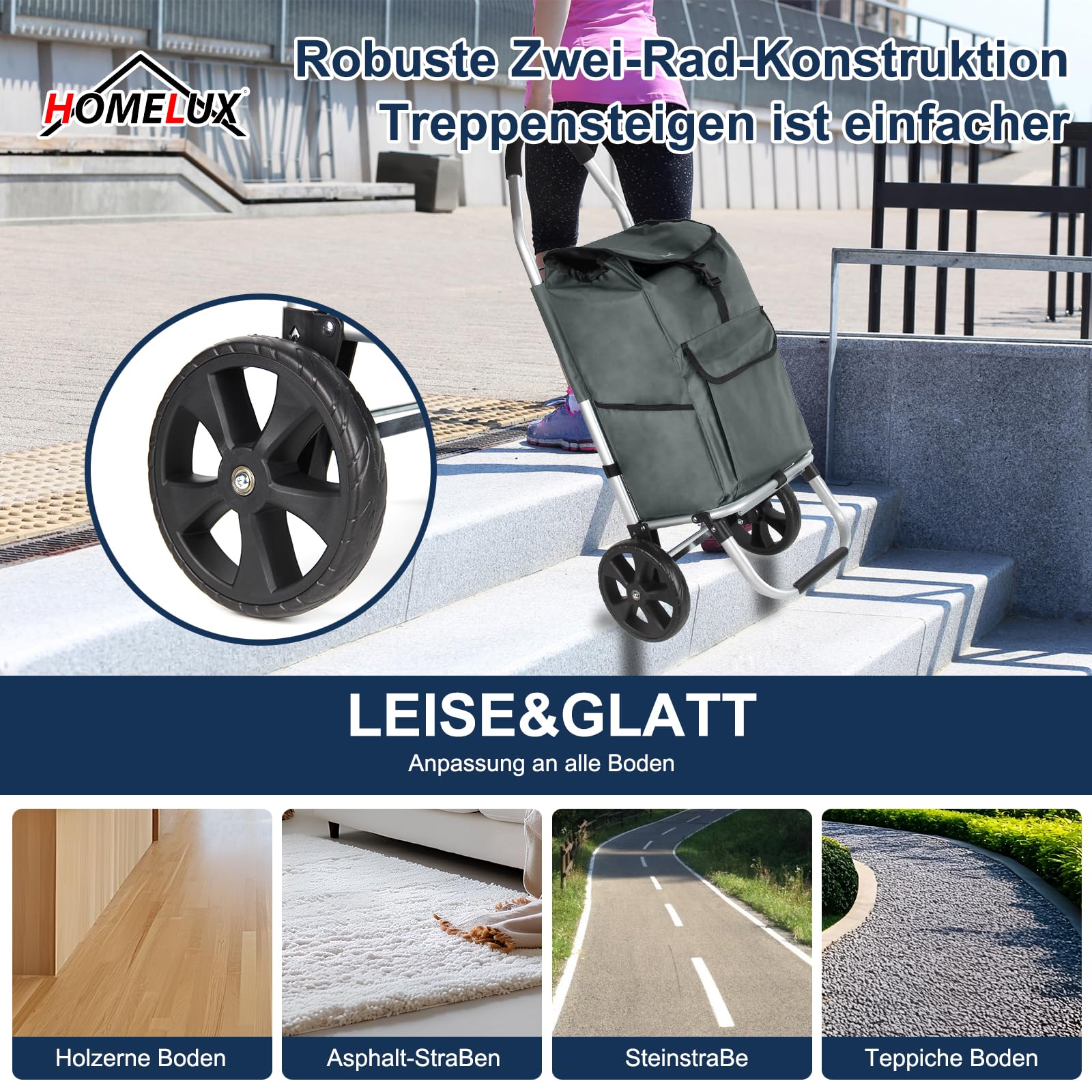 Einkaufstrolley, HOMELUX klappbar, Stabiler Einkaufswagen, große Kapazität 41 L, multifunktional, Handwagen mit Rollen, Abnehmbare Tasche, Grau 243