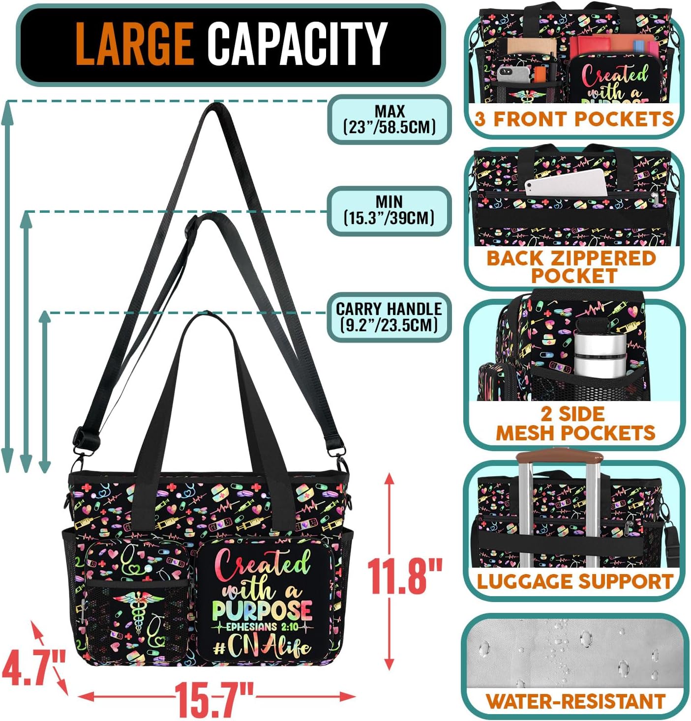 84hoods Large Nurse Work Bag. Waterproof Teacher Shoulder Bag for Work. Gift for CNA.