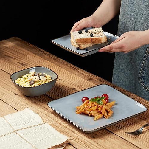 Miniatura 7 de famiware Ocean Square - Juego de platos y cuencos de 15 piezas para 4, 3 platos rectangulares para servir, color azul