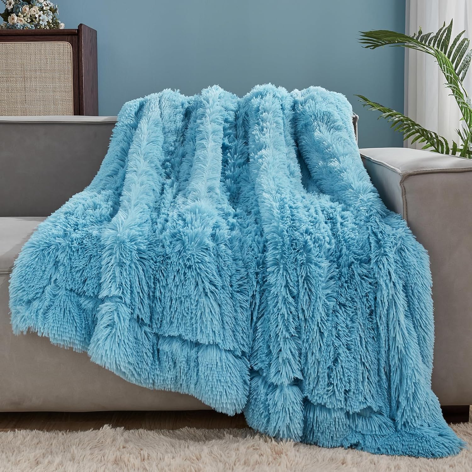GONAAP Fuzzy Faux Fur Throw Blanket Twin Size Sky Blue Super Soft Cozy Plush Fuzzy Shaggy Blanket for Couch Sofa Bed (Sky Blue, Twin(60"x80")) Sky Blue Twin(60"x80")