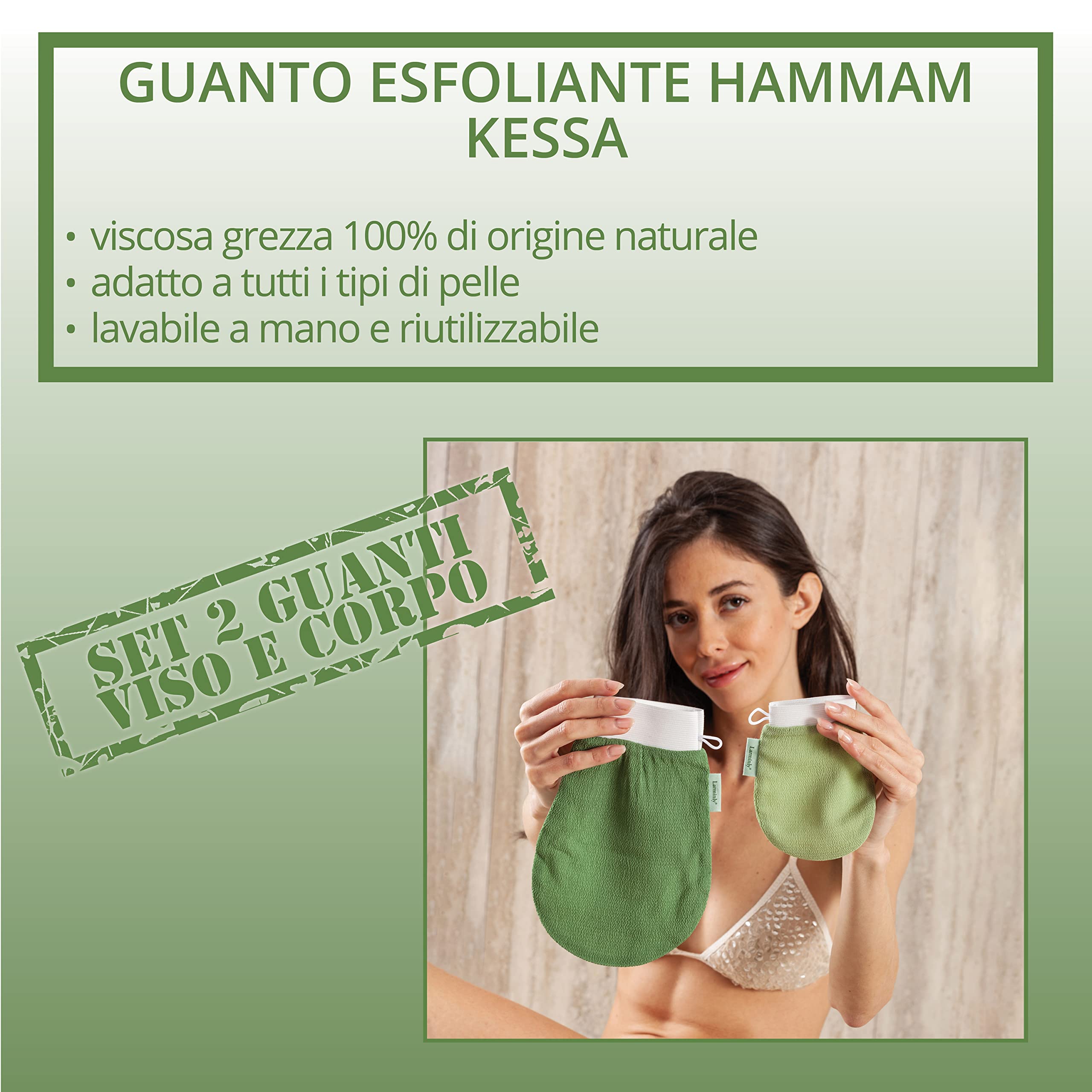 Larminly Guanto Esfoliante Corpo Kessa Hammam viscosa 100%, set 2 pezzi scrub corpo 150D rugosità media e peeling viso 120D rugosità delicata aiuta a contrastare acne, punti neri e cellulite