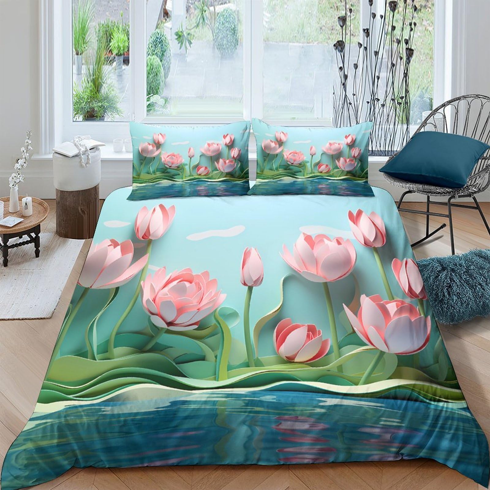 Ctjqhvkz Style-7 3D Printed Pink Lotus Lake Fitted Sheet Microfiber Soft Non Slip Mattress Cover For Bedroom Home Decoration Single（135X200cm）
