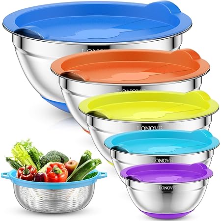Mixing Bowls with Airtight Lids & Colander, 6pcs Colorful Stainless Steel Metal Nesting Bowls for Kitchen, Non-Slip Silicone Bottom Size, 5, 3.5, 2, 1.5, 1QT, Measuring Marks, Fit for Mixing & Serving