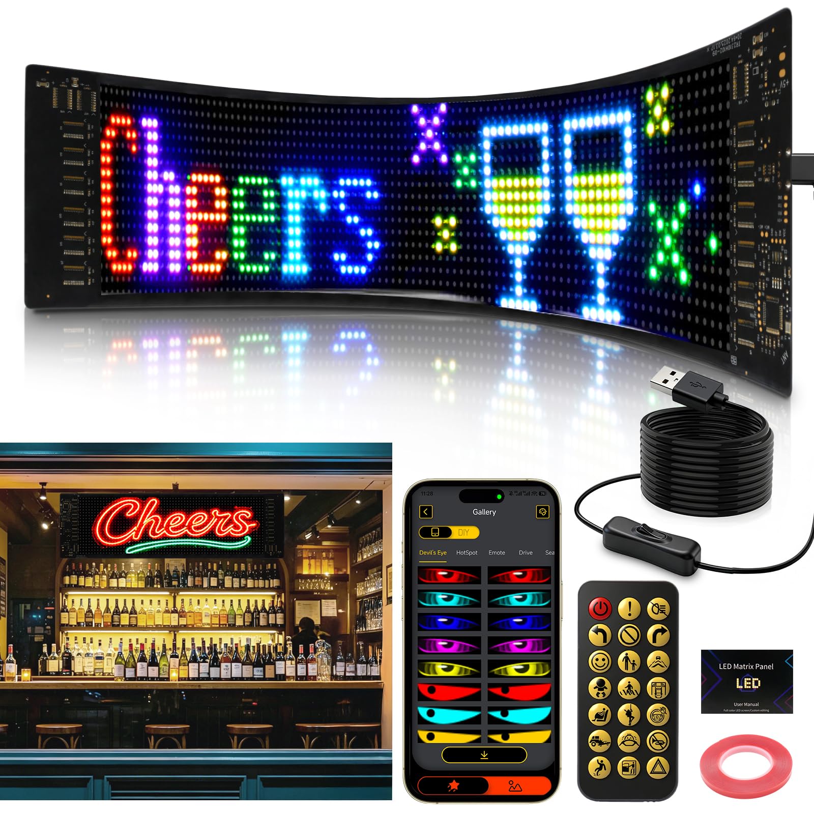 LUXONIC Super Brighter 34.8x10.2CM Scrolling LED Sign Display,USB 5V Flexible Programmable Screen with Bluetooth APP Control,Custom Text Pattern Animation, Waterproof RGB Signs For Car,Home,Store,Bar