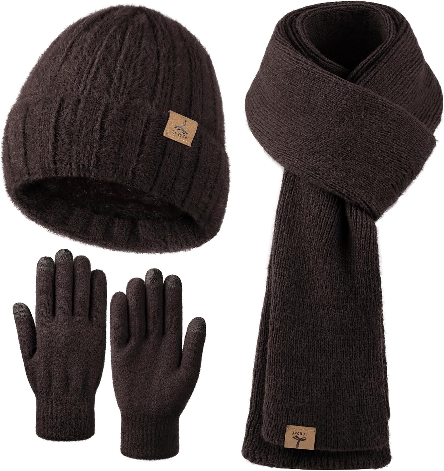 Winter Beanie Hat Scarf Gloves, Warm Fleece Knit Hat Long Scarf Neck Warmer Touch Screen Winter Gloves Set Gifts for Women