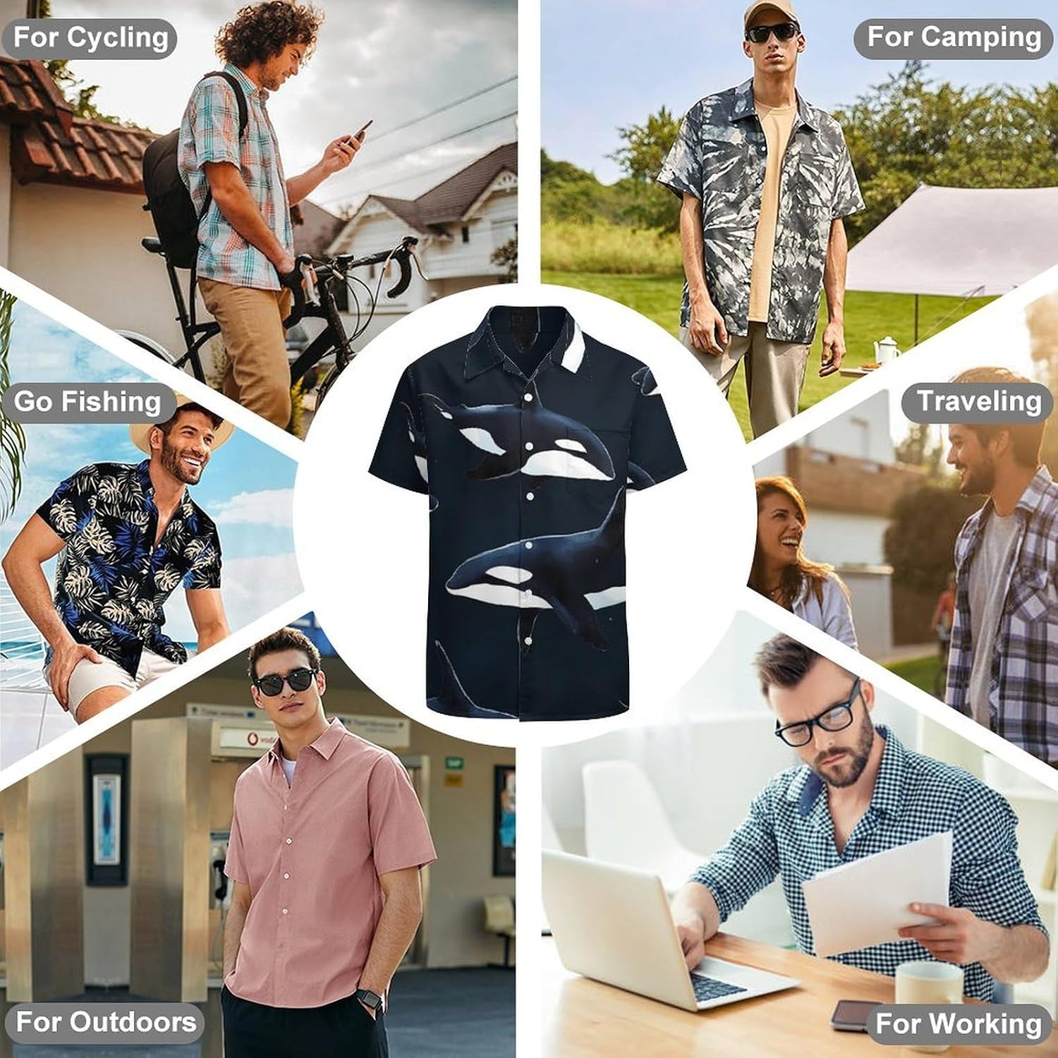 Orca Killer Whale Mens Button Down Shirts Casual Short Sleeve Beach Tees Tops with Pockets Summer Clothes