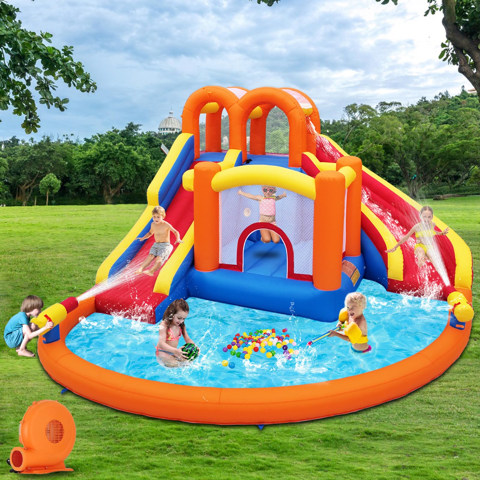 Umbalir 14.2x12.8FT Inflatable Water Park, Giant Slide Bounce House With 2 Long Slides, Thrilling Climbs, Trampoline and Big Splash Pool - 650W Air Blower Included