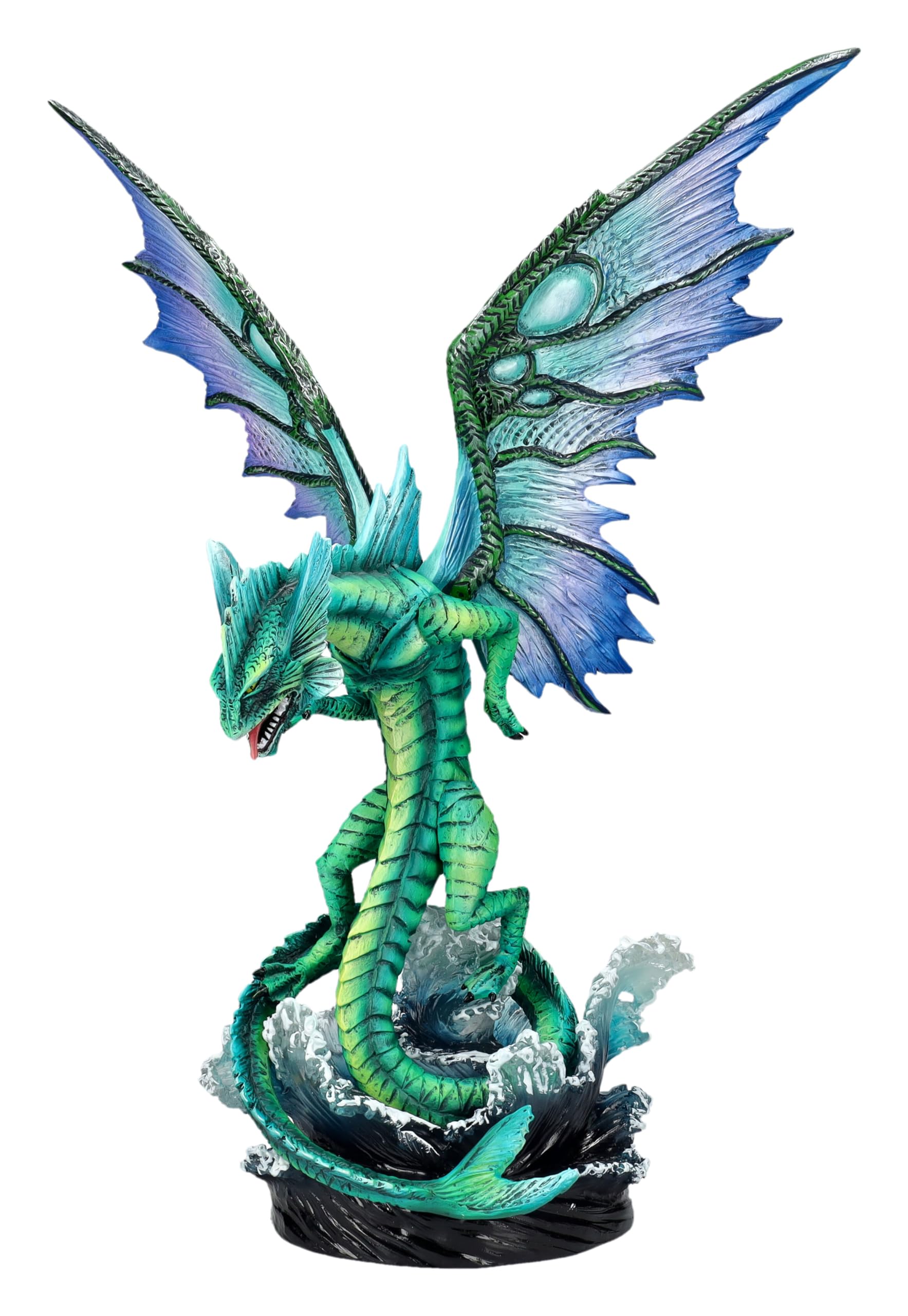Statue de dragon d'eau majestueux figurine verte et bleue 38 cm