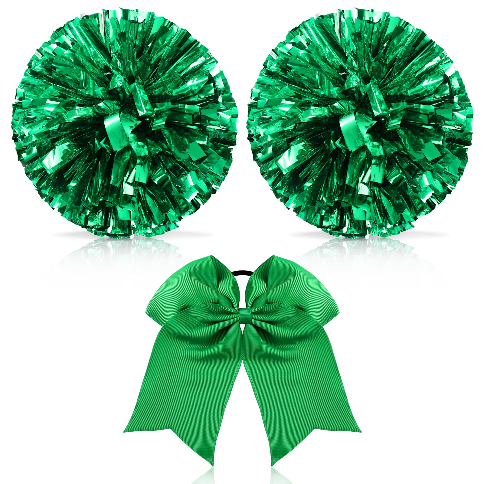 Hanaive 3 Pcs Cheerleading Pom Poms and Large Cheerleader Hair Bow Metallic Cheer Supplies for Team Spirit Sports Dance Cheering