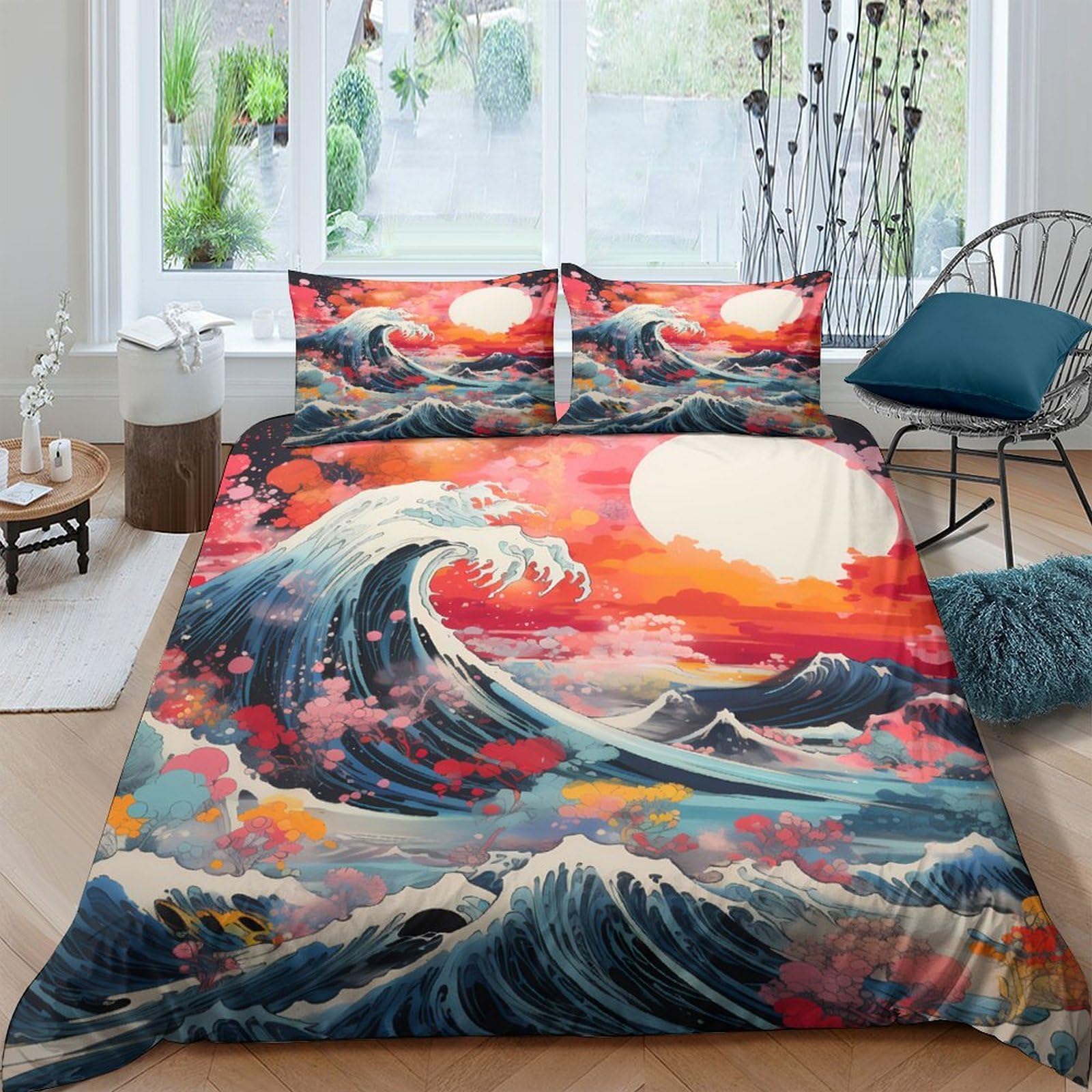 Ctjqhvkz Style-1 3D Printed Great Wave Sunset Fitted Sheet Microfiber Soft Breathable Ocean Art Mattress Cover For Bedroom Decor Single（135X200cm）