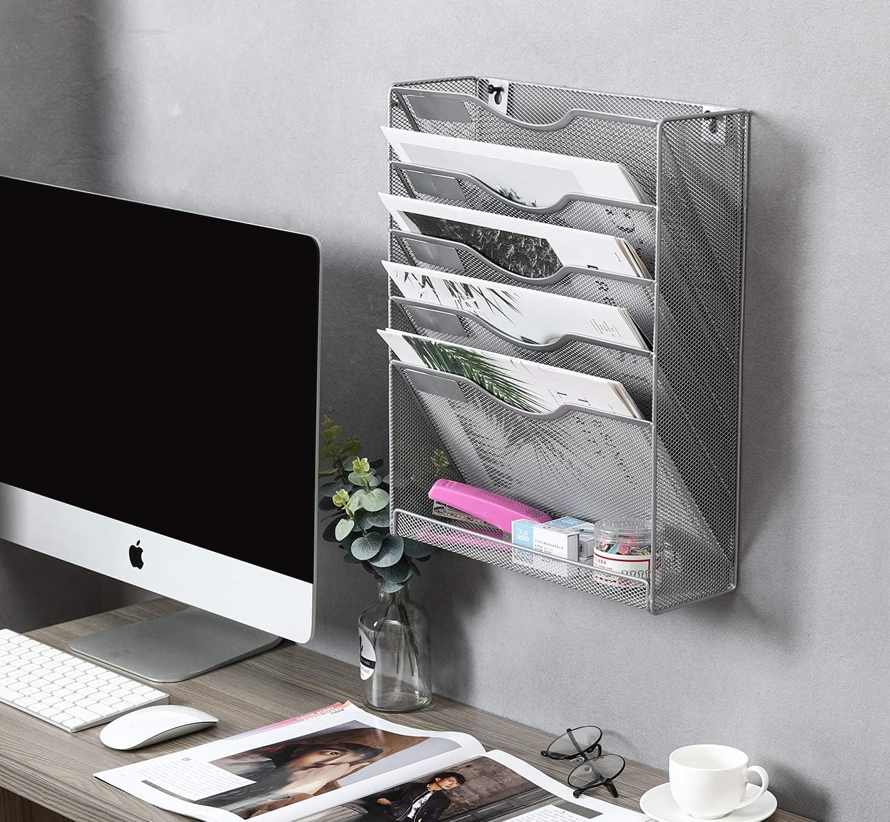 EasyPAG Wall File Organizer Mesh 5 Tier Wall File Holder Desktop Vertical Hanging File Folder Organizer with Bottom Flat Tray Sides Closed,Silver 12.75 x 4.1 x 16 inchUpgrade) Silver