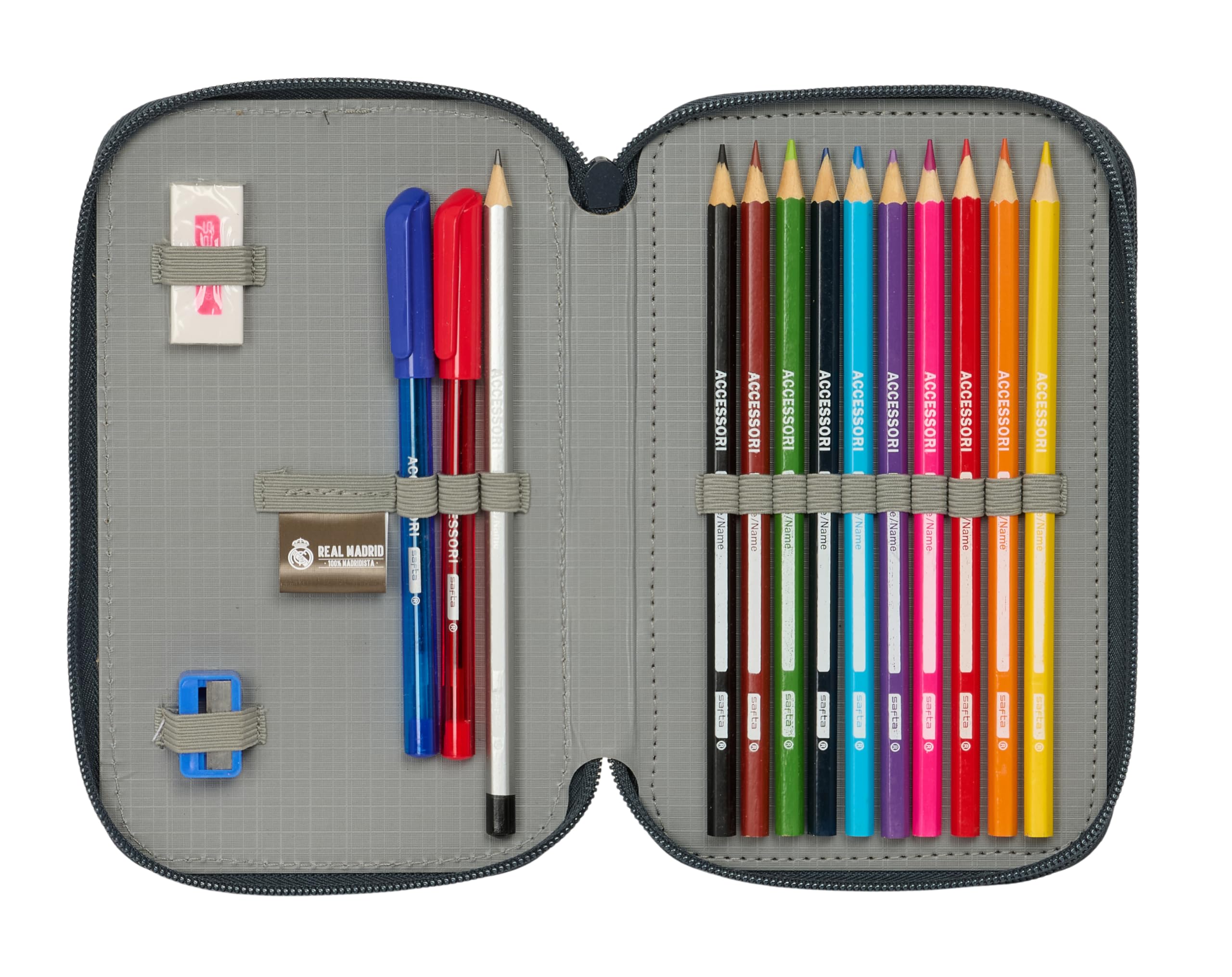 Safta Real Madrid Attrezzature 25/26 - Astuccio scolastico per bambini, con 29 utensili inclusi, ideale per bambini da 5 a 14 anni, comodo e versatile, qualità e resistenza, 12,5 x 4 x 19,5 cm, bianco