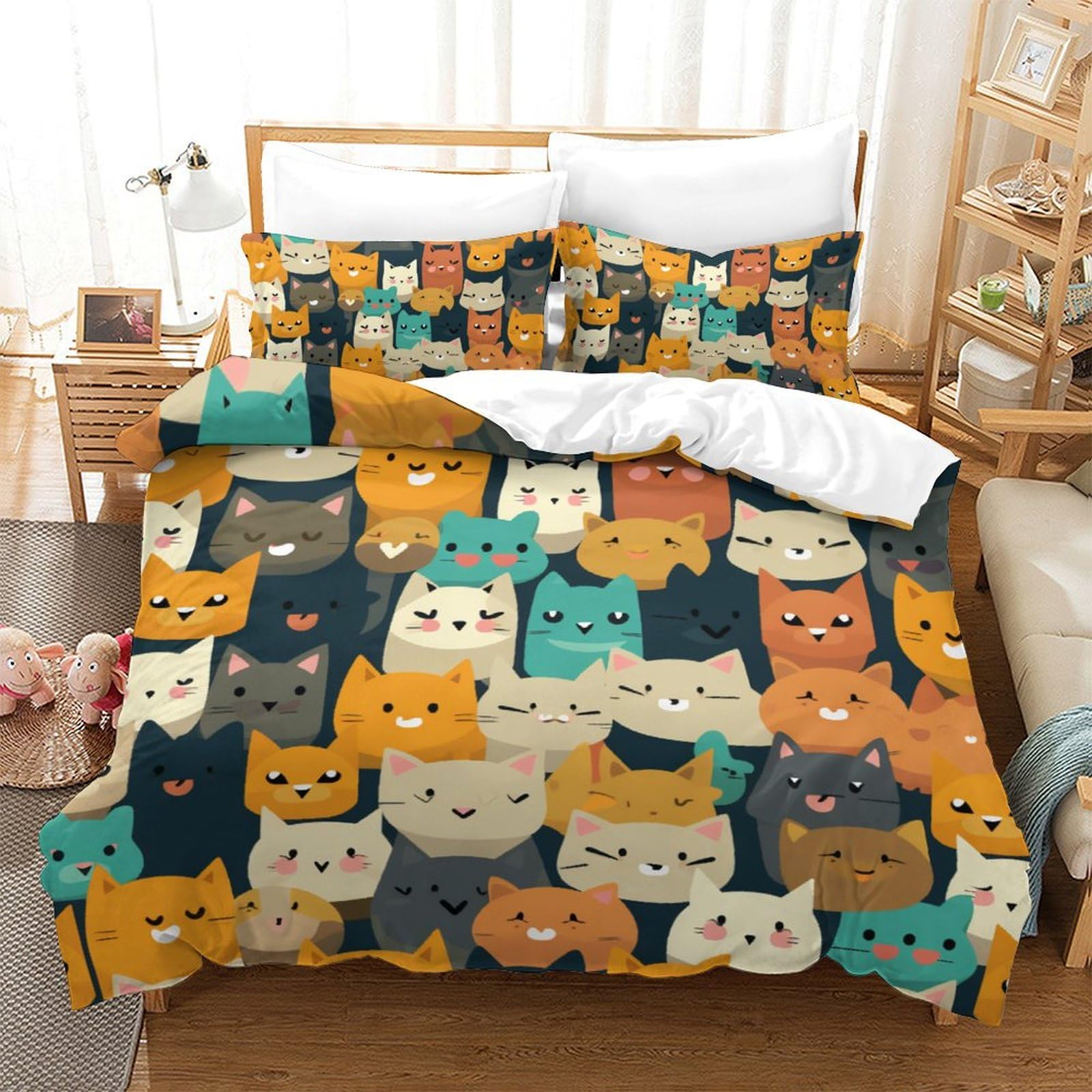 Impresas En 3D Gatos Juego De Ropa De Cama Infantil Microfibra Suave Funda Nórdica Fundas De Almohada 3 Piezas Cierre De Cremallera Double（200x200cm）