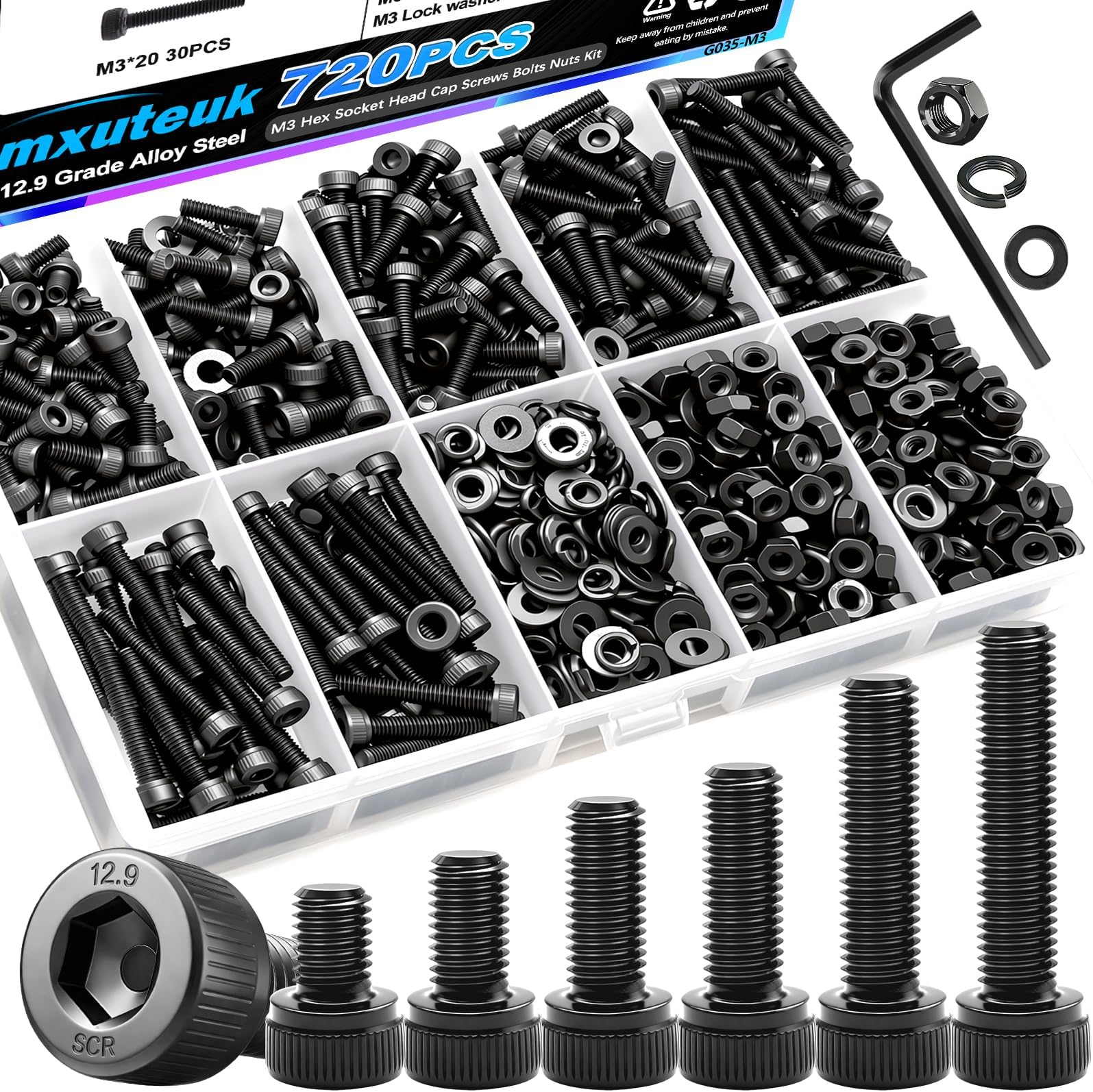mxuteuk 720PCS M3 Screws Kit,M3×6/8/10/12/16/20mm M3 Screws Assortment Kits,12.9 Alloy Steel M3 Nuts and Bolts,M3 Hex Socket Head Bolts Nuts Washers Set Suitable for 3D Printer,DIY