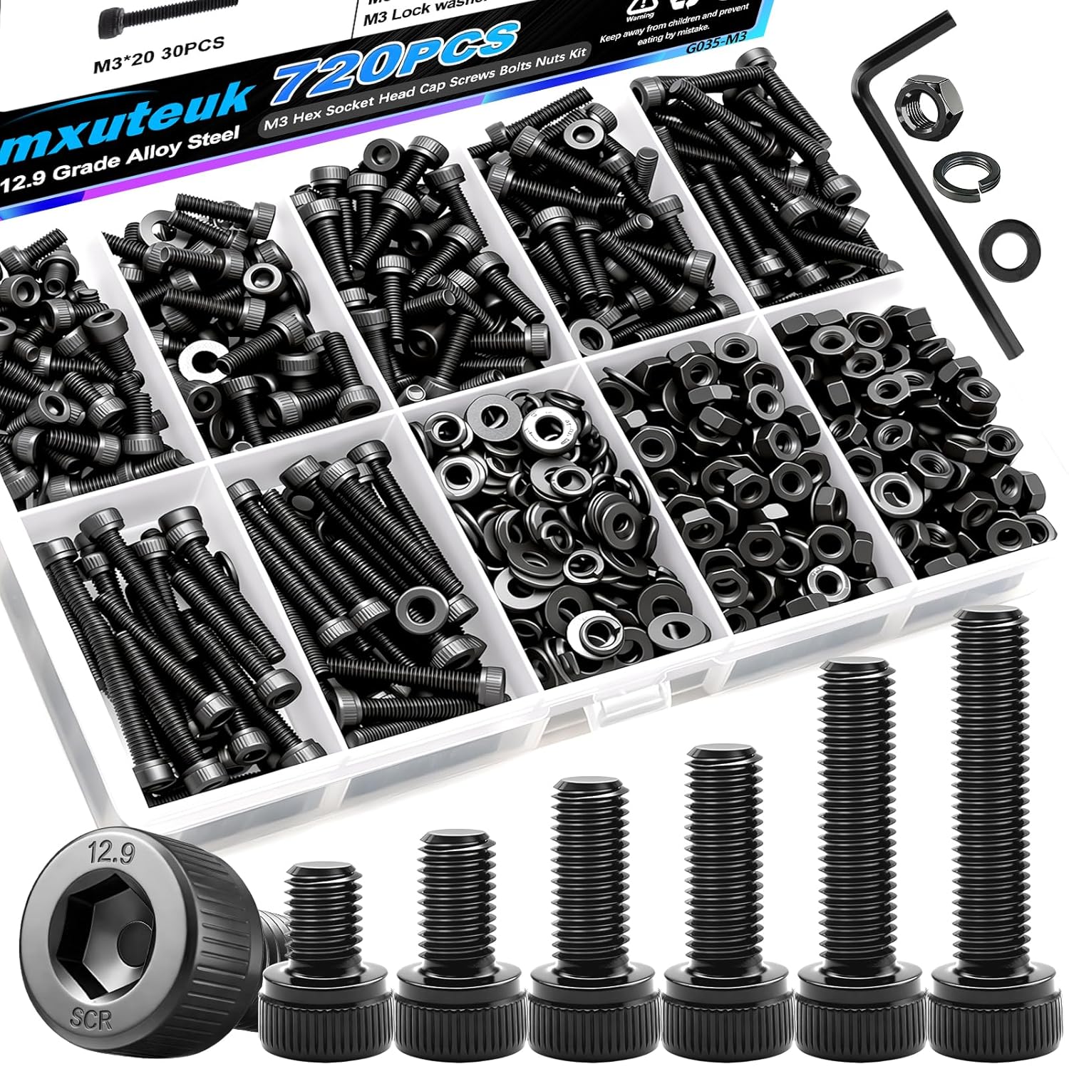 mxuteuk 720PCS M3 Screws Kit,M3×6/8/10/12/16/20mm M3 Screws Assortment Kits,12.9 Alloy Steel M3 Nuts and Bolts,M3 Hex Socket Head Bolts Nuts Washers Set Suitable for 3D Printer,DIY