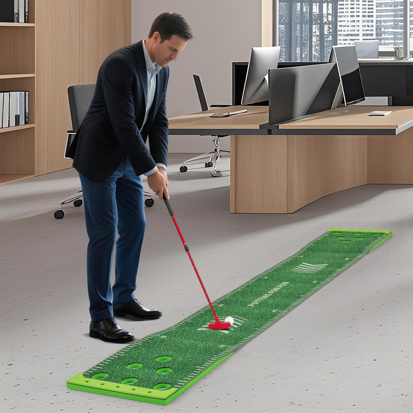 GYMAX Golf Puttingmatte, tragbare Golfmatte mit 2 Verstellbaren Schlägern, 6 Bällen & Tragetasche, Golf Abschlagmatte für Büro, Zuhause, Garten