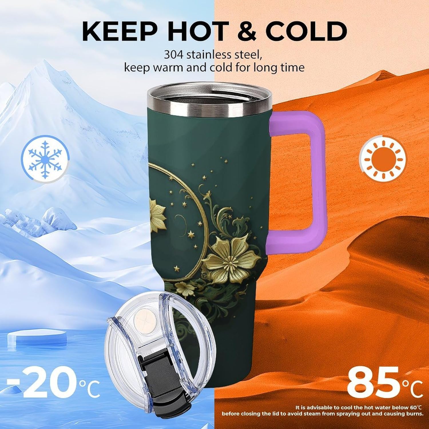 40 Oz Insulated Mug with Handle, Stainless Steel Ramadan on Green Wallpaper Printed Travel Mug Portable Leak-proof Large Car Mug for Home, Office Or Car