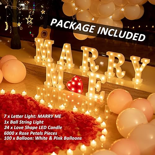 Miniatura 2 de 6132 letras iluminadas de marquesina con texto en inglés "Marry Me", letrero de luz LED con número de letra con luz redonda, globos de pétalos