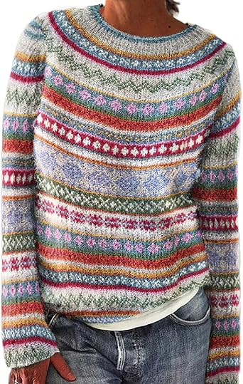 HOTYD Womens Fair Isle Crewneck Sweater Vintage Boho Aztec Print Casual Loose Long Sleeve Striped Knitted Pullover Top