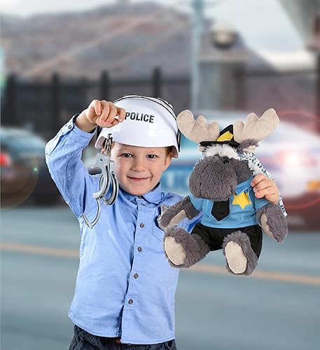 Miniatura 5 de DolliBu Peluche de oficial de policía de alce gris, disfraz de policía de alce suave con lindo uniforme de policía y traje de gorra, regalo con