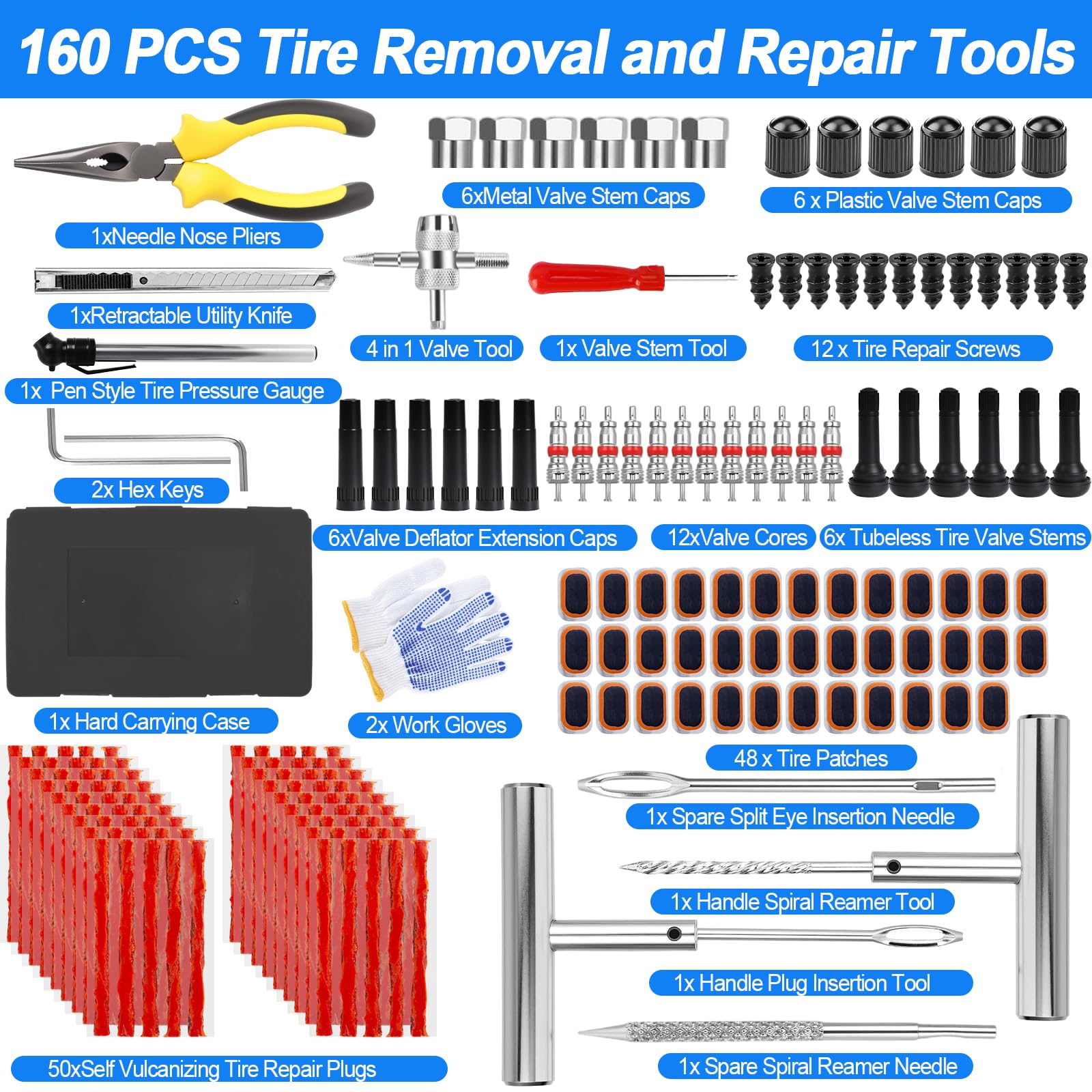Kit de Réparation de Pneu 160 Pièces Outils de Réparation de Pneus de Voiture avec Boîte à Outils Portable Kit Meche Pneu Crevaison Voiture pour Voitures Motos Camion Tracteur