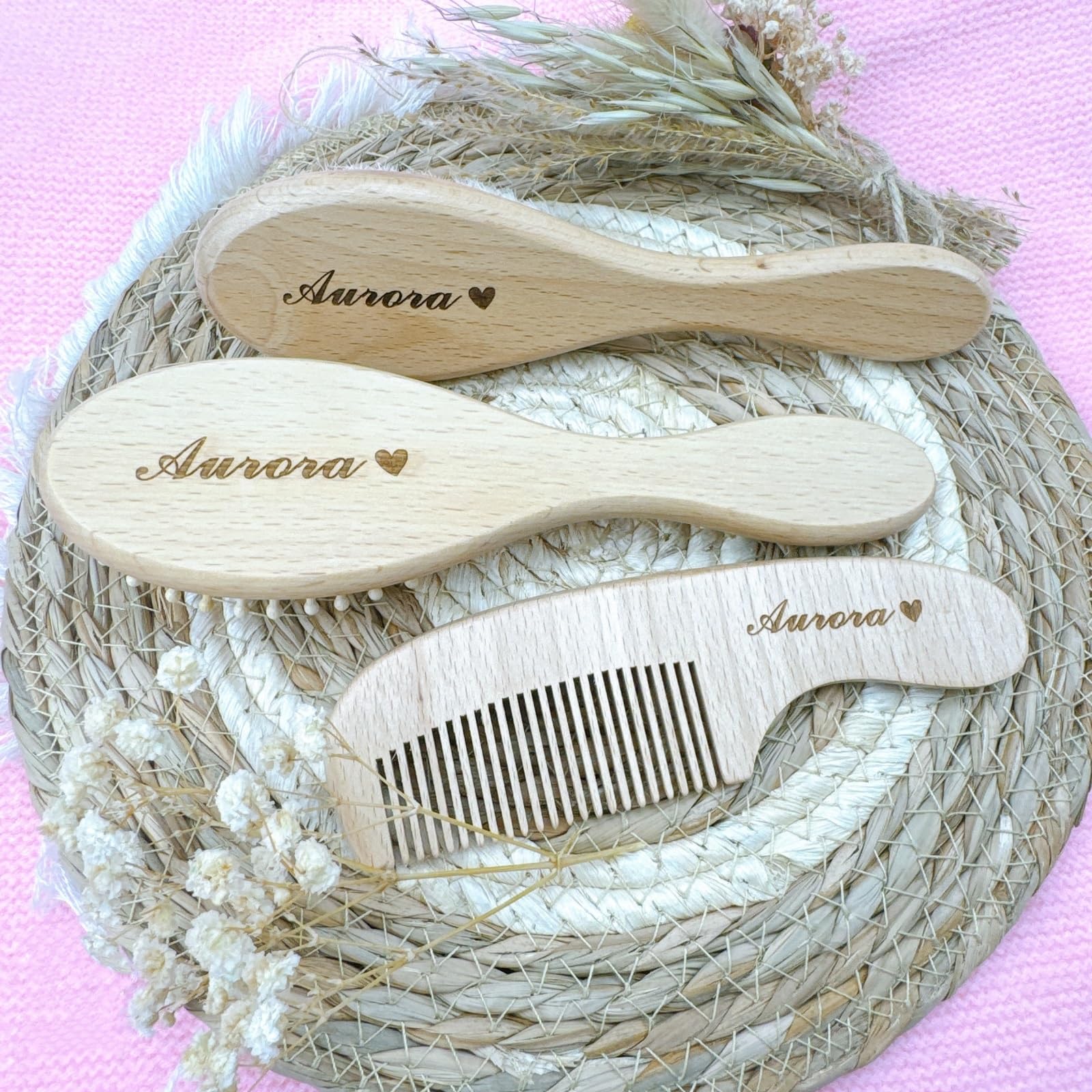 Set Personalizzato Di Spazzola E Pettine In Legno Per Bambini, Spazzola Per Capelli Con Nome Inciso Personalizzato, Regali Premurosi Per Neonati Maschi/femmine