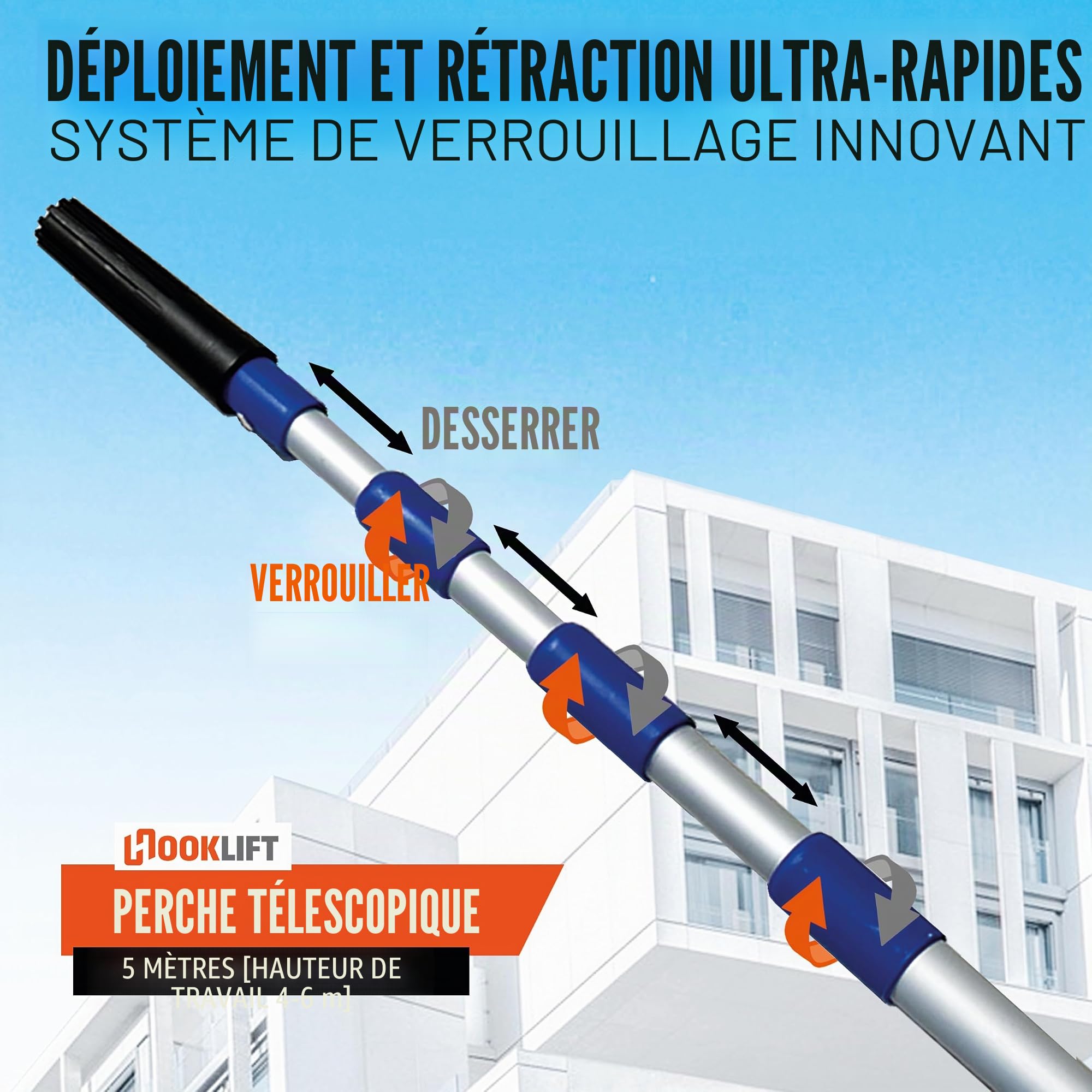 La plus courte barre télescopique en aluminium de 5 m avec adaptateur, réglable en continu de 154 à 505 cm ; idéale pour le nouveau système de crochets magnétiques et pour d'autres
