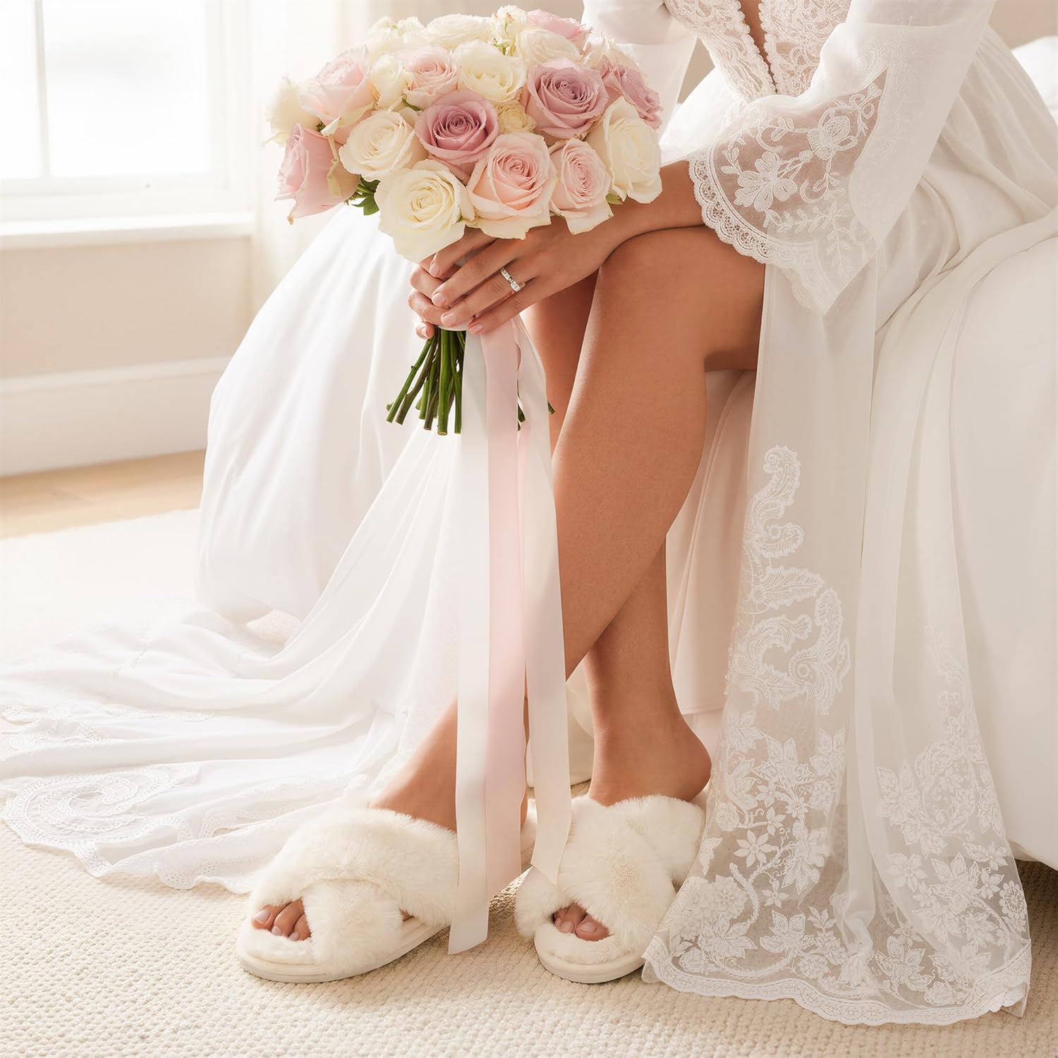 Ankis Womens Fuzzy Cozy Comfy Soft Slippers - 2Pair Fluffy Furry House Slippers Plush Home Ladies Gifts Memory Foam, Cross Band, Open Toe，Indoor/Door Bride Slipper Slides Wedding Ladies Shoes - Image 2