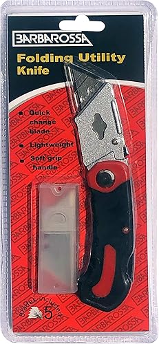 Barbarossa  Cuchillo utilitario plegable con cuchillas afiladas y reemplazables para trabajos de corte, agarre antideslizante TPR y mecanismo de