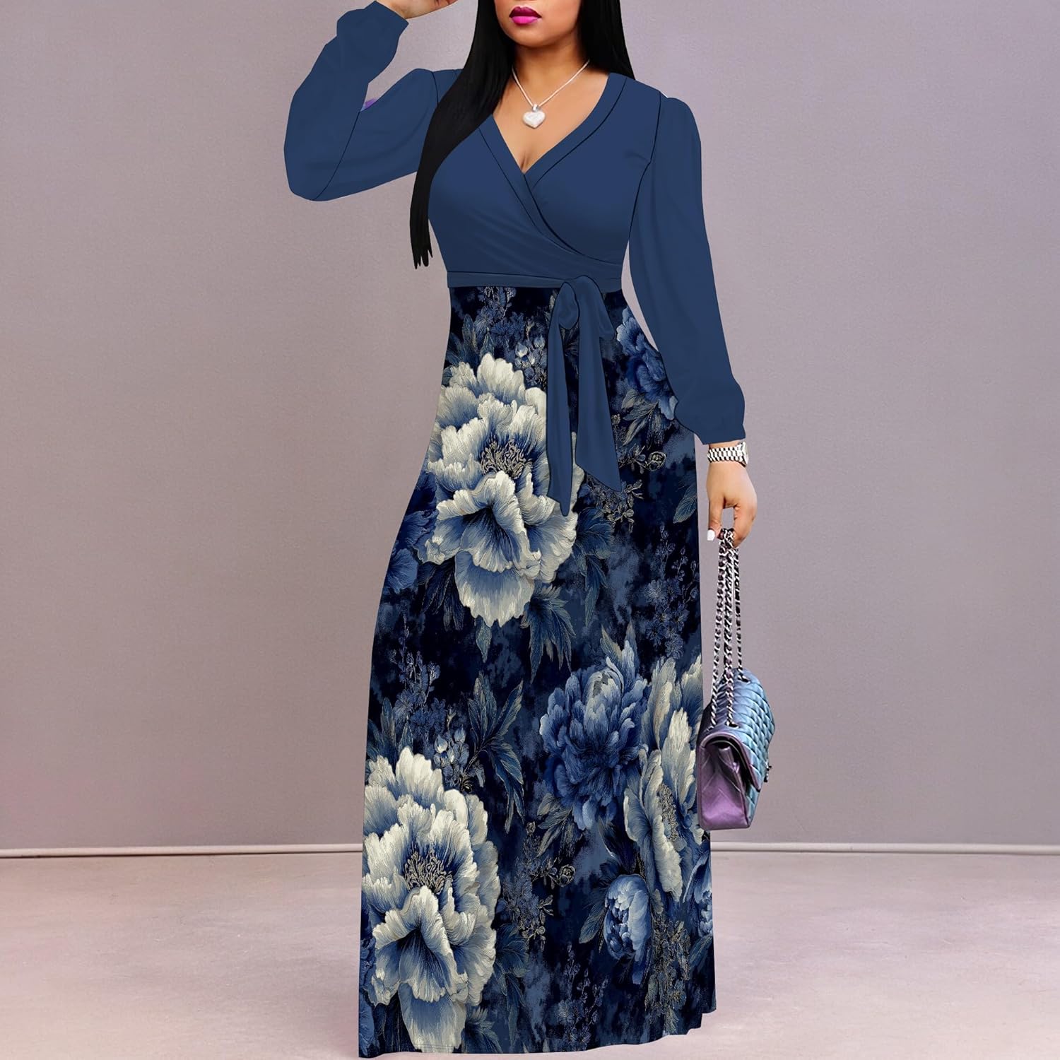 PinkPatty Women's Long Sleeve Maxi Dress Plus Size Trendy Wedding Guest Wrap Dress with Pockets&Belt L - Image 5