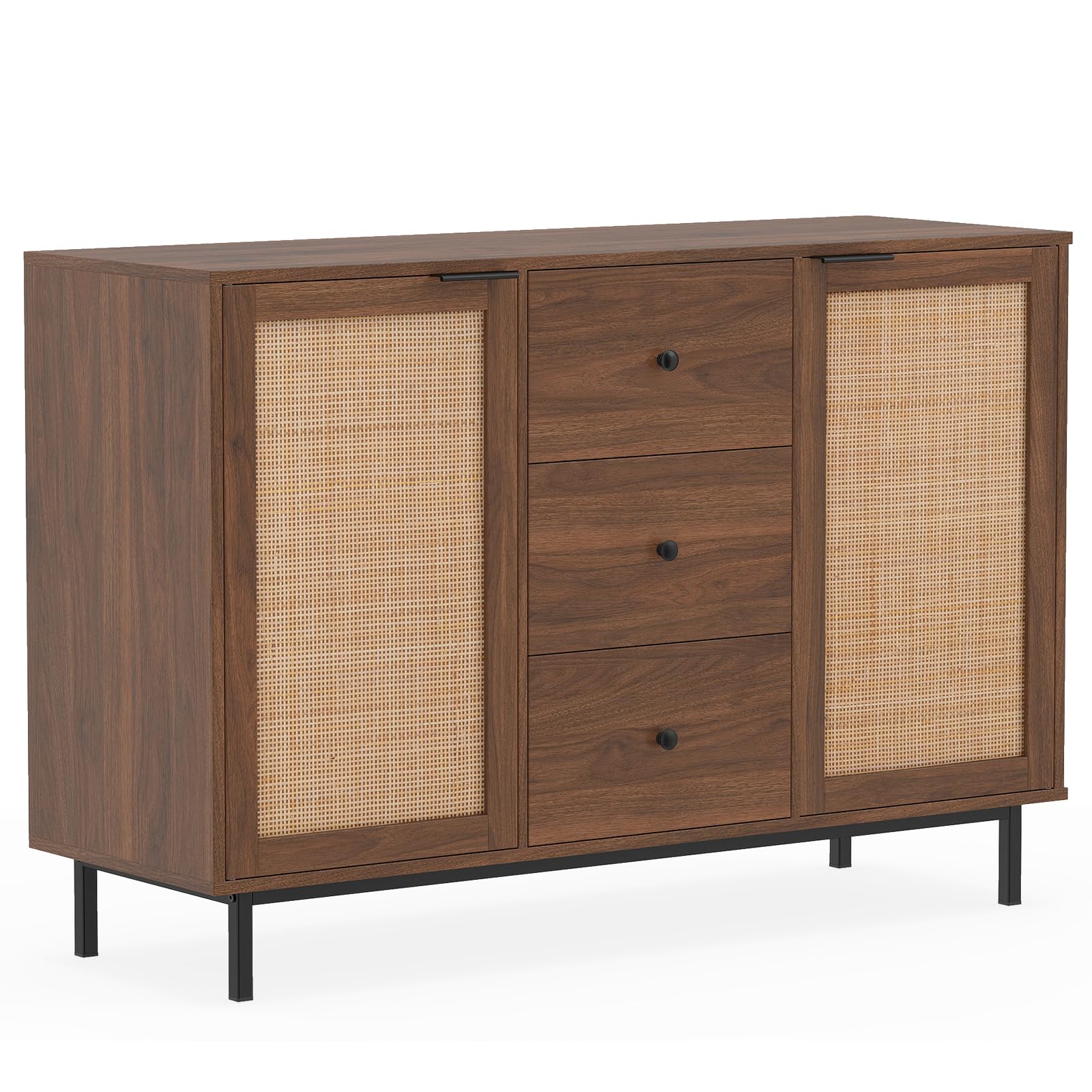 COSTWAY 120cm Buffet Sideboard with 2 Rattan Doors & 3 Drawers (Brown)