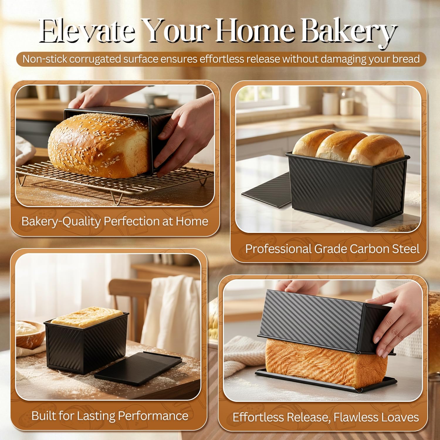 Flexzion Pullman - Molde para pan con tapa, molde para pan casero, capacidad de masa de 1 libra, molde cuadrado corrugado negro, pastel, masa madre de sándwich, molde para pan con tapa (paquete de 2)