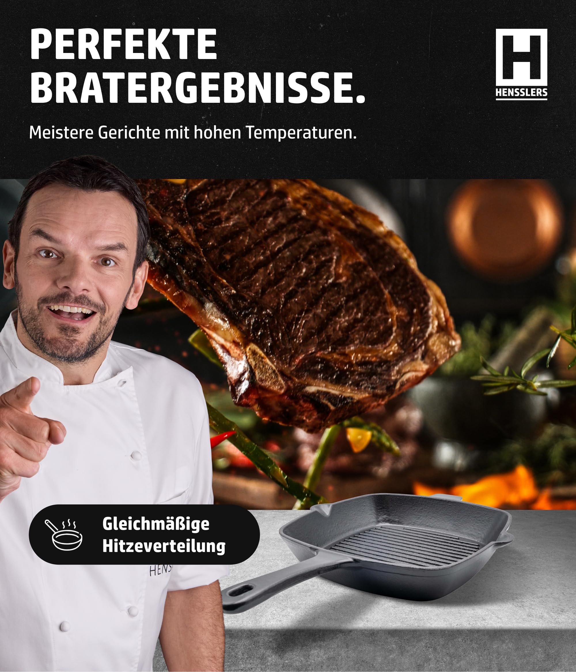 HENSSLERS® Grillpfanne Gusseisen [26cm] - Grill Pfanne für alle Herdarten & Backöfen inkl. Gasgrill & Induktionsherd - Beschichtete Antihaft Steakpfanne - Viereckige Induktion Gusspfannen für Grill