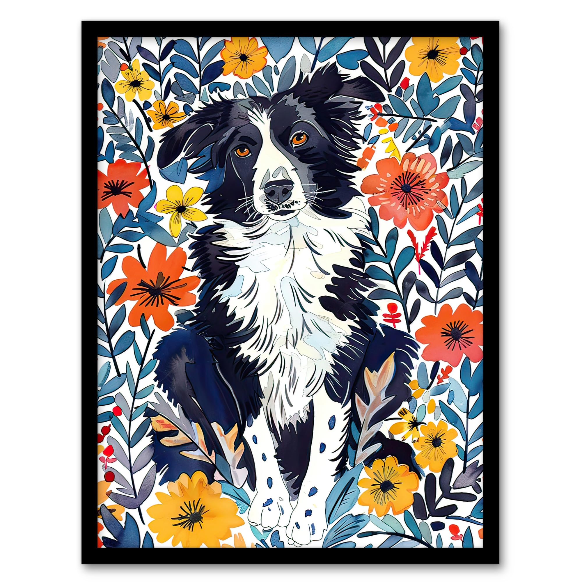 Artery8 Border Collie Flower Field Dog Lover Watercolour Living Room Artwork Framed Wall Art Print 18X24 Inch