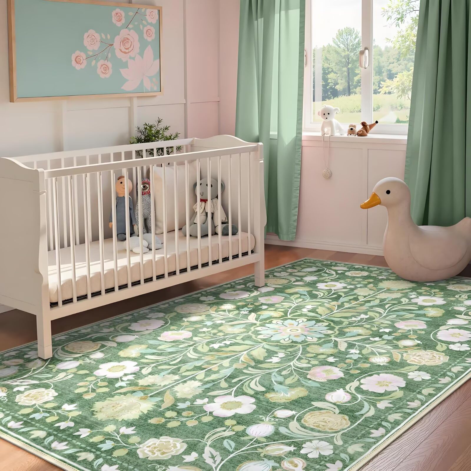 Alfombra pelo corto verde de 100x200 cm con base resistente y diseño floral de fácil limpieza