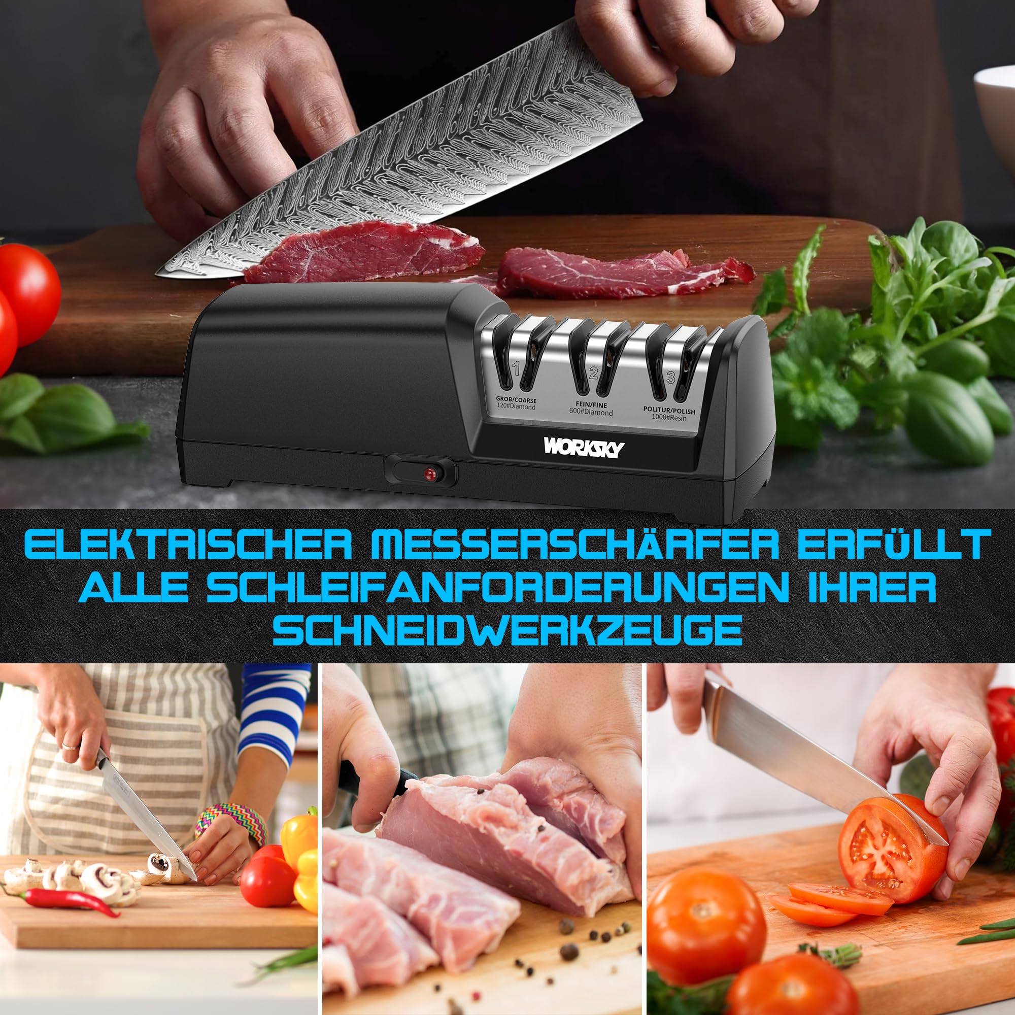 Elektrischer Messerschärfer für die Küche – Professionell 3-Stufen, 100% Diamantsystem mit 15° Präzisionswinkel, schnelles Schärfen zum Wiederherstellen und Polieren von Kochmessern, Schwarz