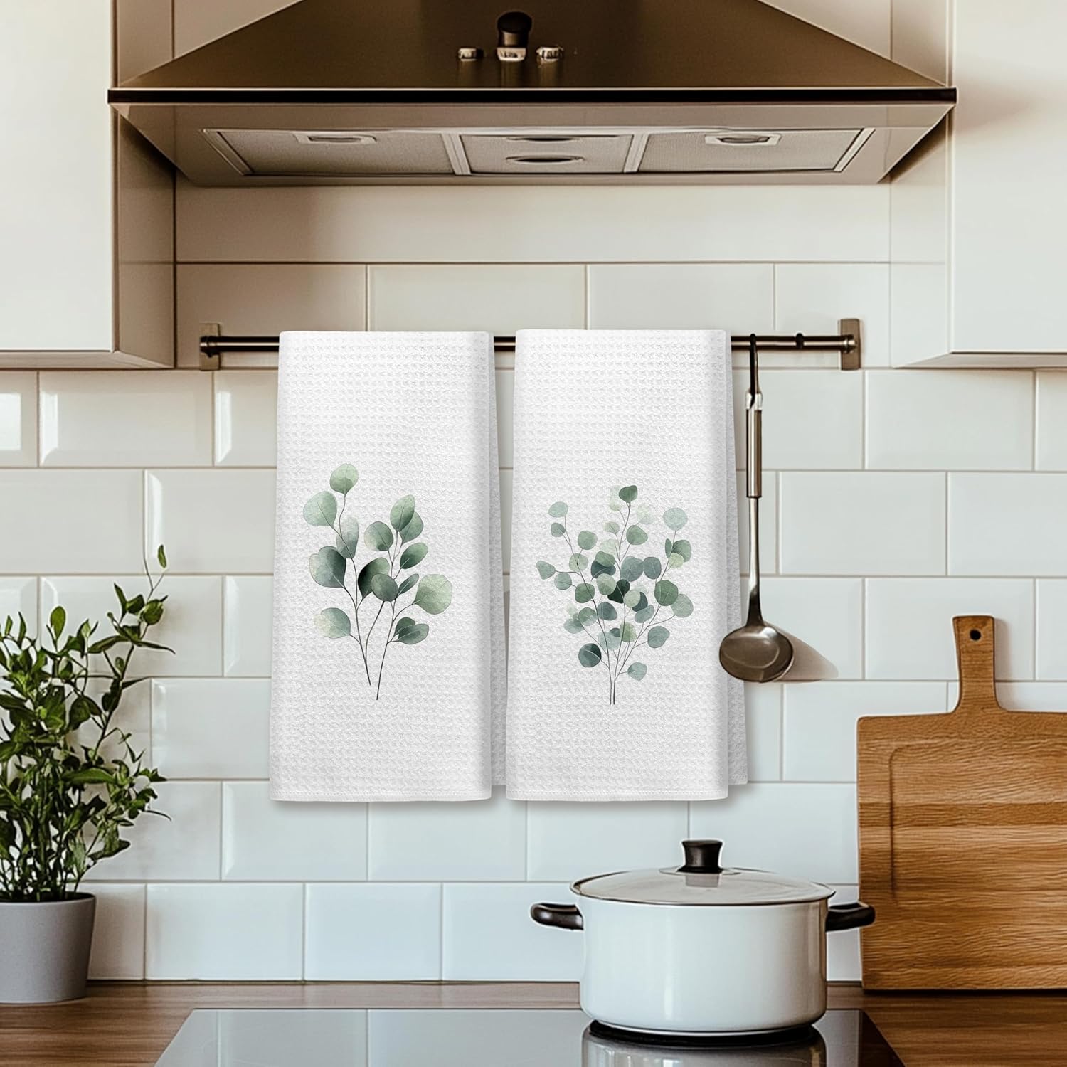 Sage Green Botanical Kitchen Towels, Rustic Plants Dish Tea Towels for Kitchen Decor, Nature Green Eucalyptus Leaves Decorative Hand Towels for Bathroom, 16x24 Inch Set of 2 - Image 3