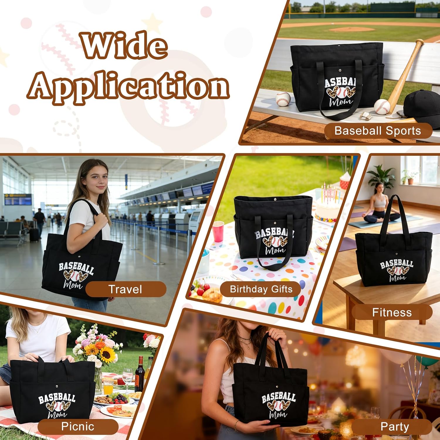 Baseball Mom Tote Bags,XL Baseball Mom Bag with Pockets,Large Capacity Bag for Daily Use,Games,Travel,Gym-Black