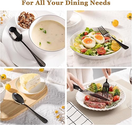 Miniatura 7 de Astercook Juego de cubiertos negros de 48 piezas con cuchillos de carne de acero inoxidable de grado alimenticio para 8 utensilios pulidos de