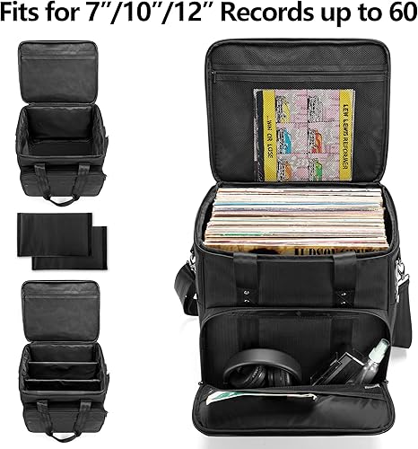 Miniatura 2 de Trunab Bolsa de Transporte para Discos de Vinilo Estuche de Almacenamiento de Álbumes, con Divisores Capacidad para hasta 60 Discos LP, Portadiscos