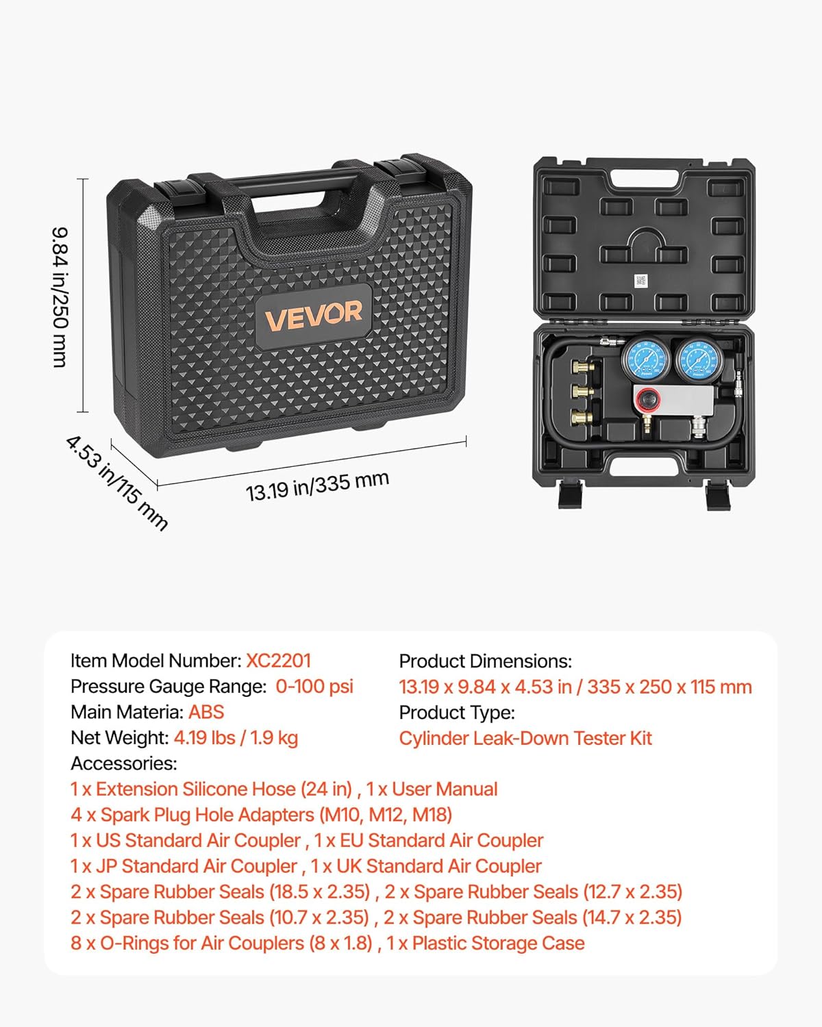 VEVOR Engine Cylinder Compression Tester Kit, Pressure Gauge Range of 0-100 PSI, Automotive Leak Down Tester Kit with 4 Adapters & Air Fittings, Pressure Check & Leakage Rate Test on Cars, Motorcycles