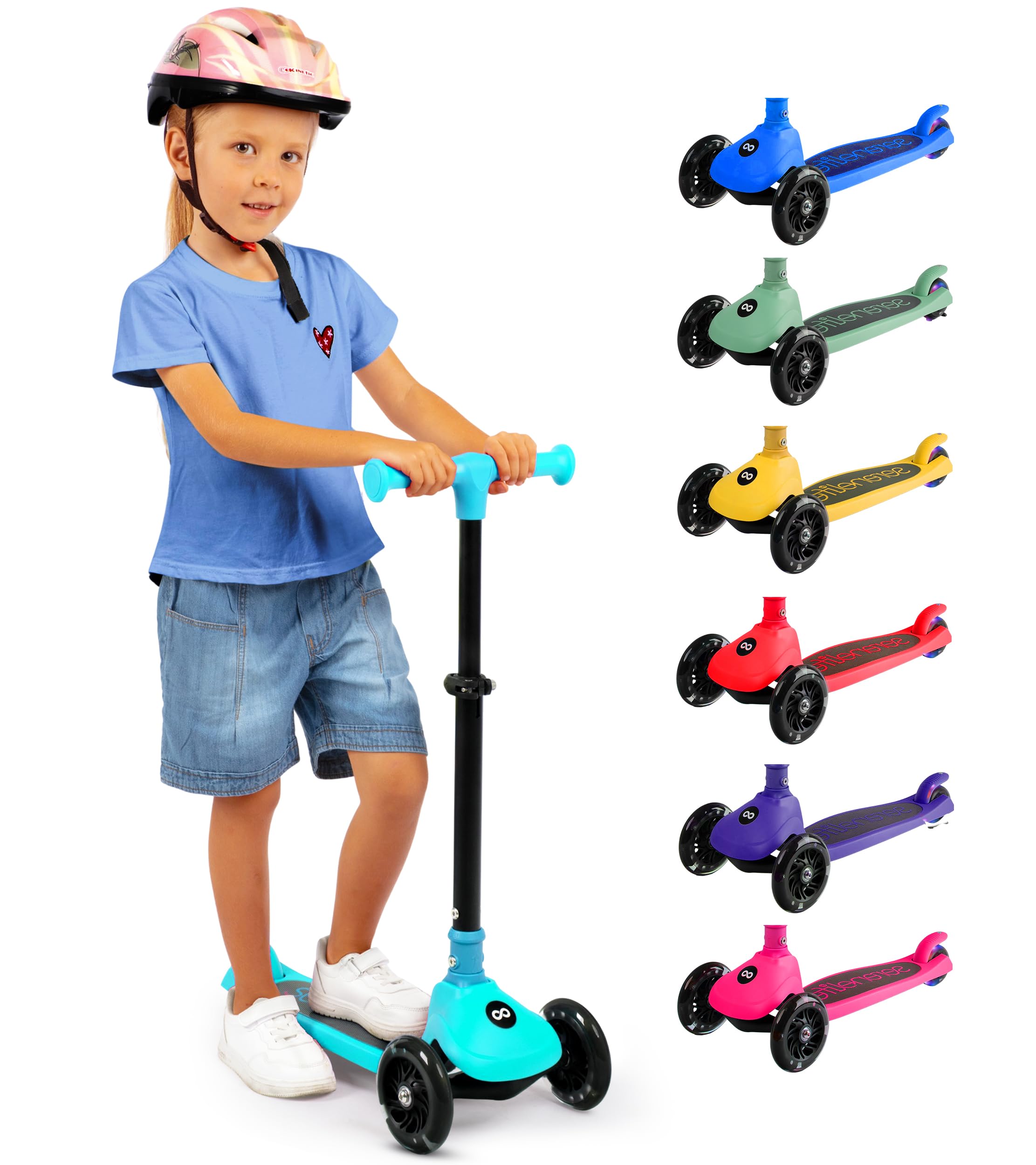 SereneLife 3 Wheel Foldable Kids Scooter - Foldable Seat, LED Wheel Lights, Adjustable Handlebar, Rear Foot Brake, Lean-to-Steer, Anti-Slip Deck, Ideal for Toddlers Kids 3+, up to 110Lbs