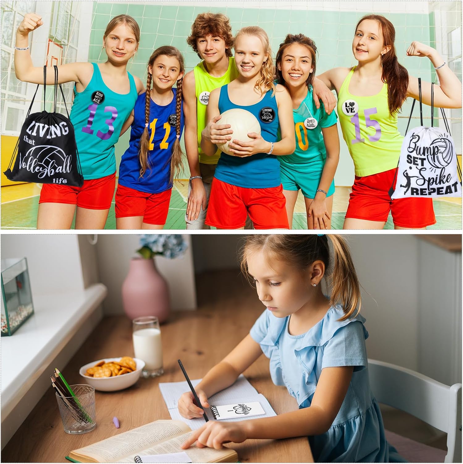 Lenwen 128 Pcs Volleyball Party Favors Sports Gifts for Girls Volleyball Drawstring Backpack Bags Keychain Bracelets Badge Pins Sticker Pencils Spiral Notebooks for Sport Party Supplies - Image 4
