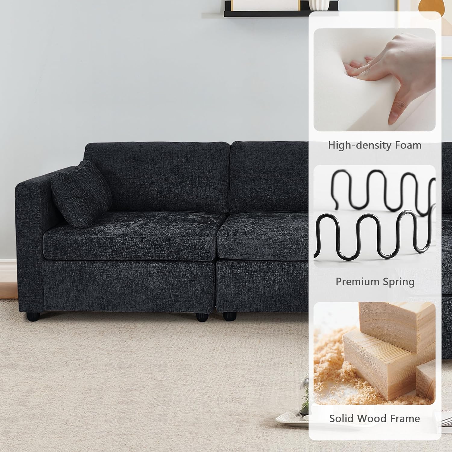 Aoowow Modular Sectional Sofa Modern Loveseat Couch,78.7" Chenille Comfy Deep Seat Sofa Couch Upholstered 2-Seater Sofas with Removable Arm Pillows for Living Room Apartment Office(Black)