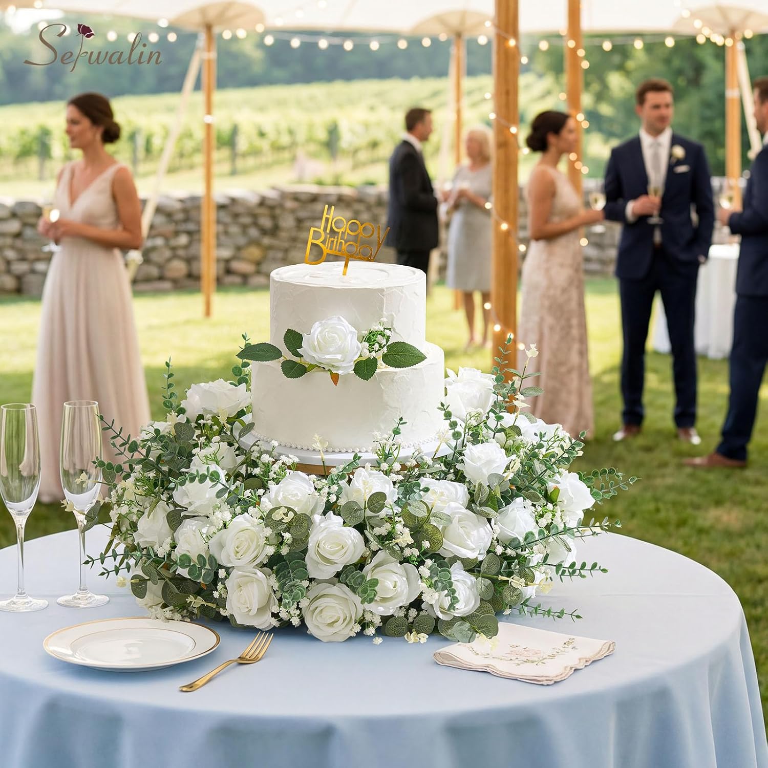 Serwalin 60 Pcs Mixed Eucalyptus Greenery Stems, White Silk Roses and Babys Breath Artificial Flowers for DIY Wedding Bouquets Home Party Arrangement Floral Vase Decor