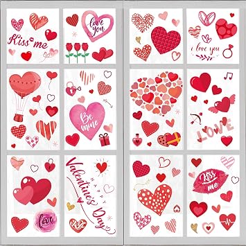 218 Pcs Valentines Day Window Clings Decorations Heart Window Clings for Glass Windows for Valentines Day Decorations in 8 Sheets
